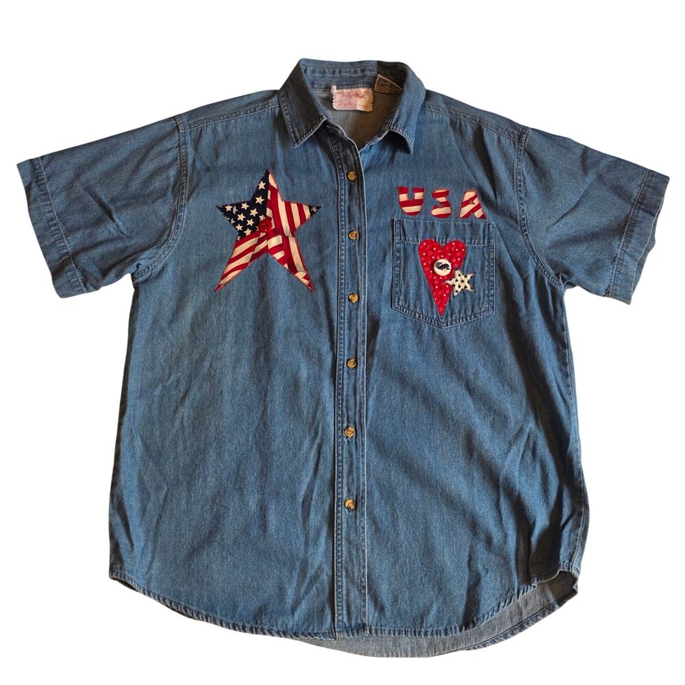 Vintage Judy Waltz Patriotic USA Flag Patchwork Denim Polo Shirt Medium